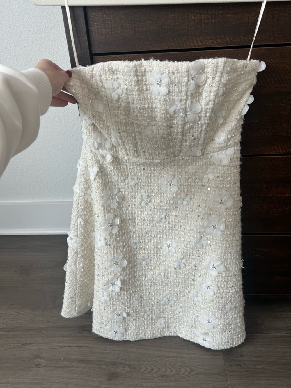 Anthropologie Cream Floral Appliqué Strapless Tweed Dress